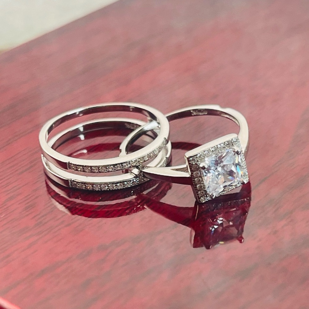 Solid Silver 925 Double Wedding Emgagement Ring S… - image 1